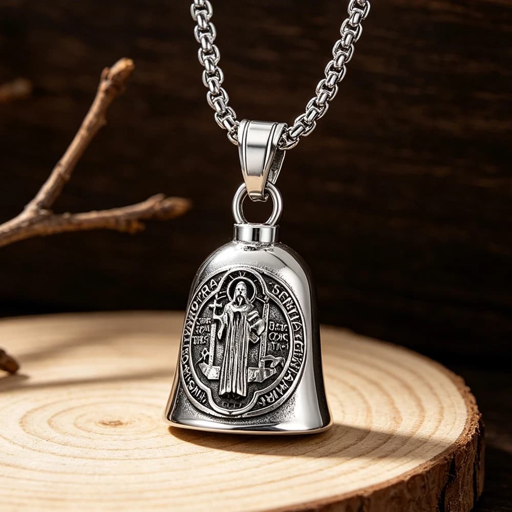 Campana di San Benedetto per Esorcismo, Ciondolo Portafortuna in Acciaio Inox, Collana con Campana per Uomo e Donna, Gioiello Regalo