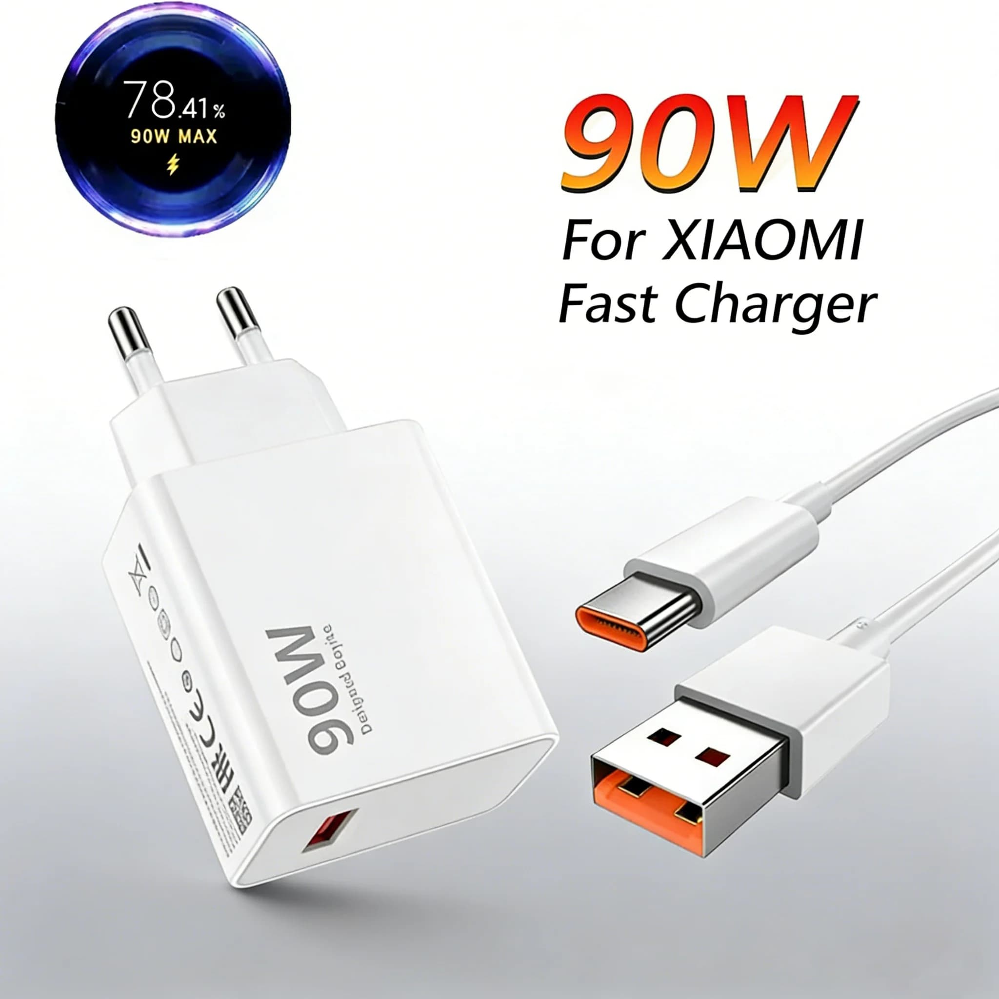 Caricabatterie USB Rapido 90W con Cavo di Ricarica 6A per Xiaomi 15 14 13 Ultra Redmi Note 12 Pro Poco X7 F6, Adattatore di Alimentazione Veloce EU/US