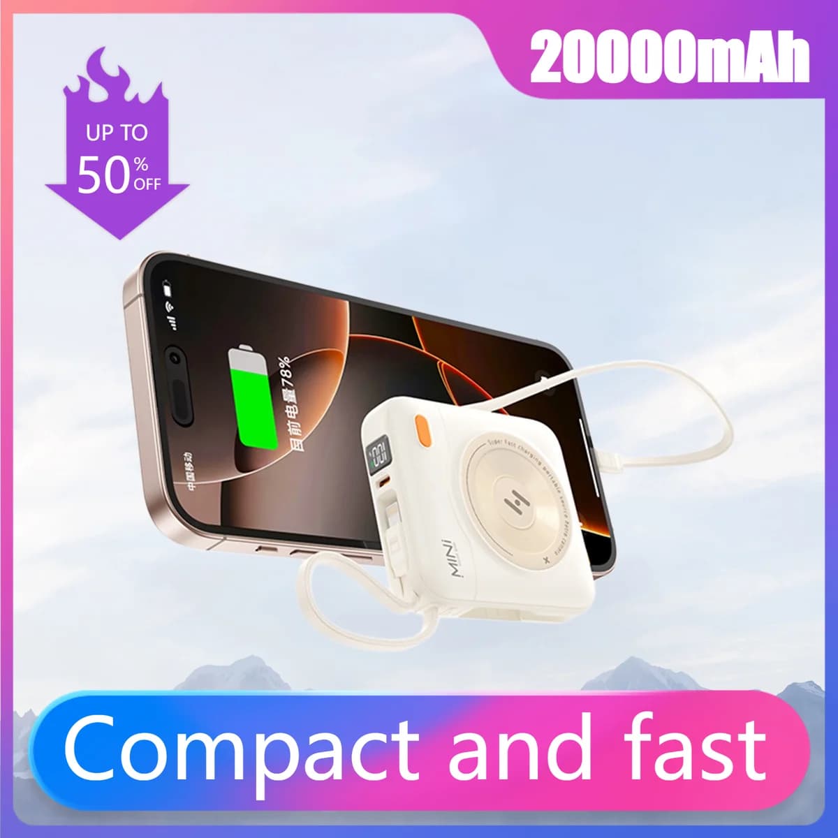Power Bank Portatile da 20000mAh con Ricarica Super Veloce e Cavo Integrato, Compatto e Ricarica Rapida