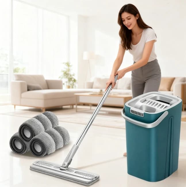 No-hand Wash Flat Floor Mop and Bucket Set Home Kitchen Cleaning Tool Microfiber Premium, Adjustable, Wet and Dry Application