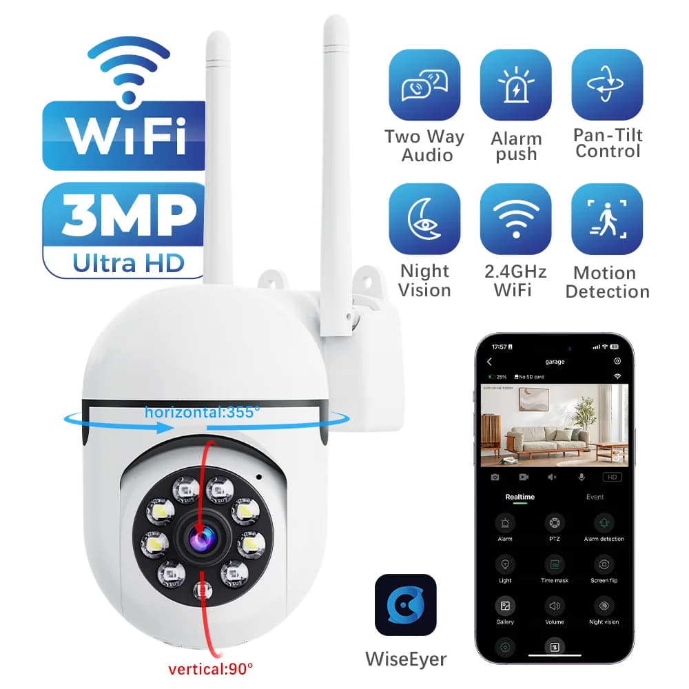 Telecamera di sorveglianza esterna da 3 MP Telecamere di sorveglianza domestica Telecamera di sicurezza WiFi Visione notturna a colori Audio bidirezionale