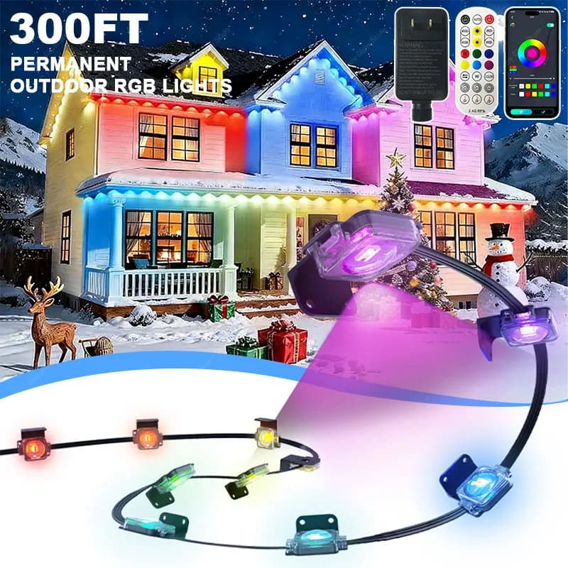 Luci permanenti per esterni 300FT 180LED Smart RGBIC Eaves Luci a LED Festival Lampeggiante Illuminazione Fata String Illuminazione natalizia