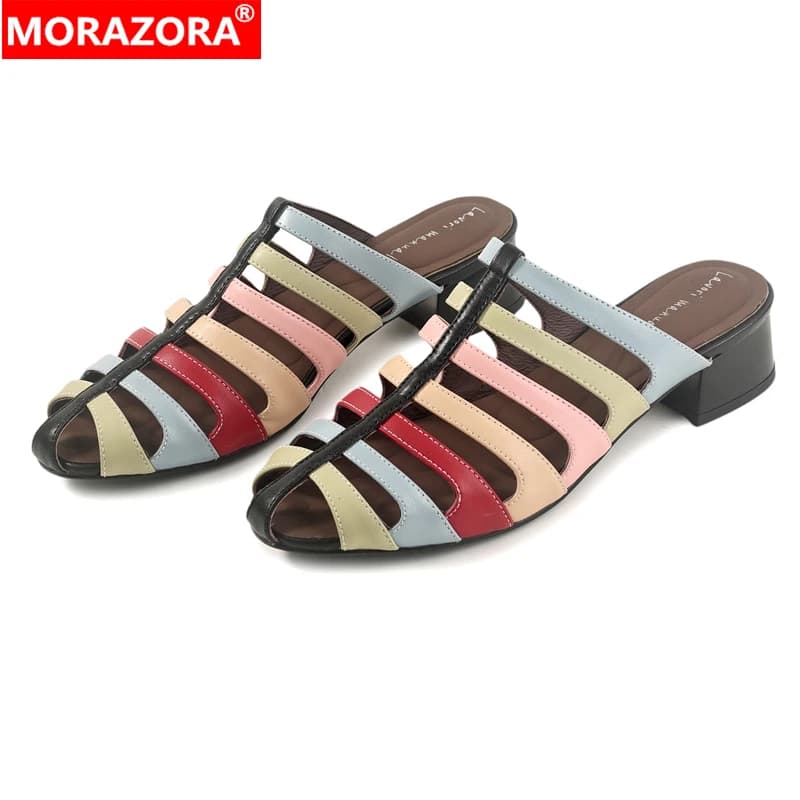 MORAZORA Ins New Genuine Leather Slippers Women Shoes Mid Heels Mixed Colors Summer Slippers Party Dress Slides