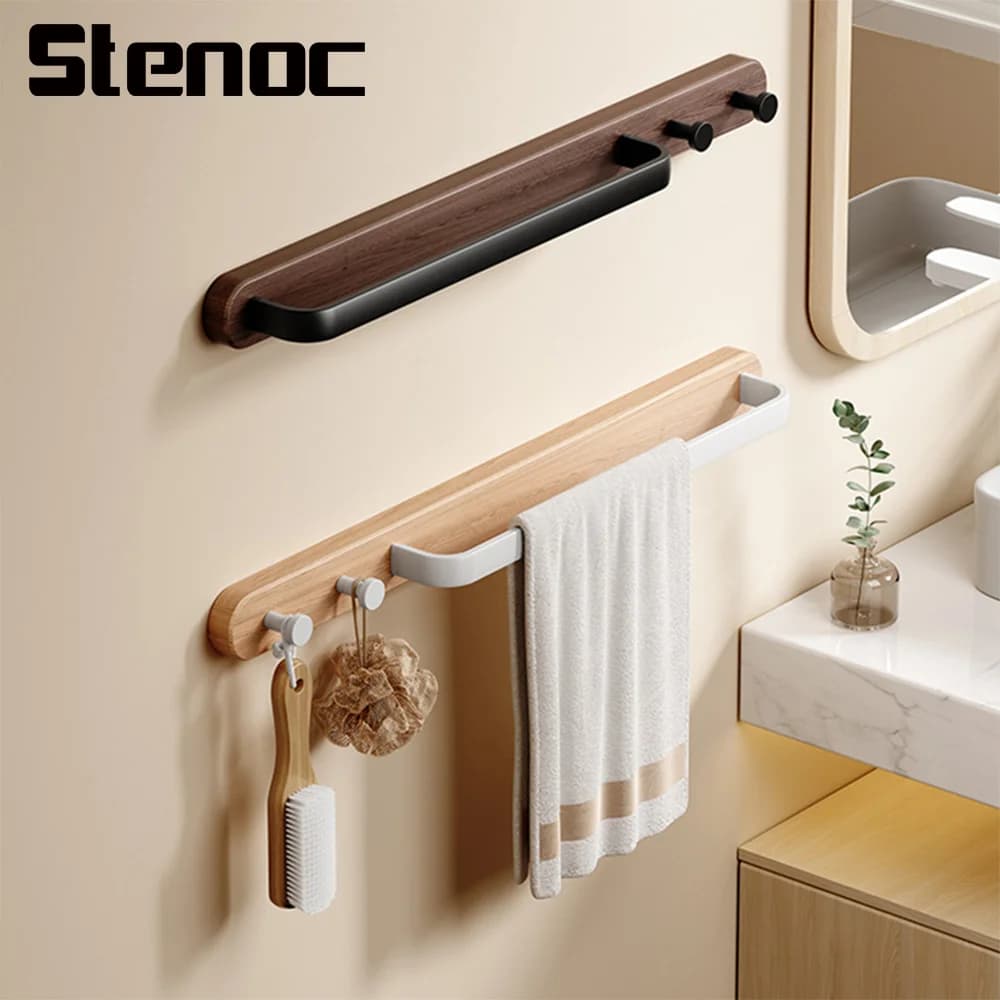 Stenoc Portasciugamani da bagno a parete in legno massello con ganci Portasciugamani in alluminio Portasciugamani per hotel Portaoggetti Accessori per il bagno