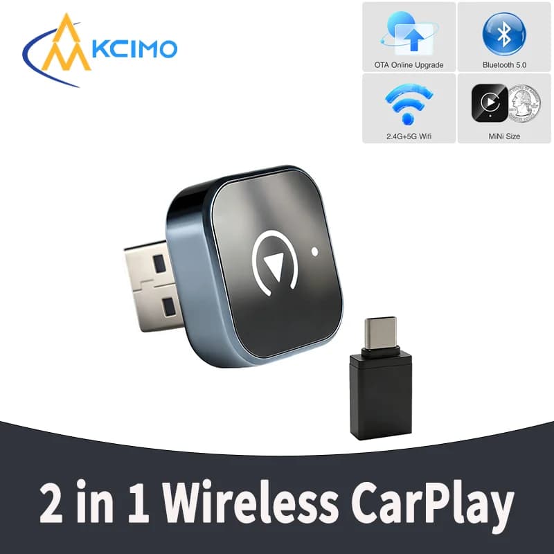 Adattatore Wireless Kcimo 2 in 1 per CarPlay e Android Auto, Box AI Smart Plug and Play, Converte il CarPlay Cablato di Fabbrica in Wireless per Auto