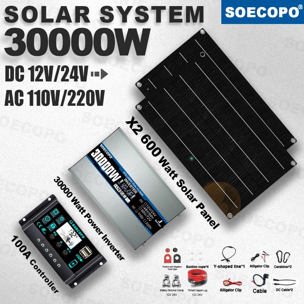 SOECOPO Kit Solare Flessibile da 30000W Facile da Installare, 2 Pannelli da 600W, Regolatore 100A, Inverter 110V 220V per Auto, Camper, Barca/Energia di Backup Domestica
