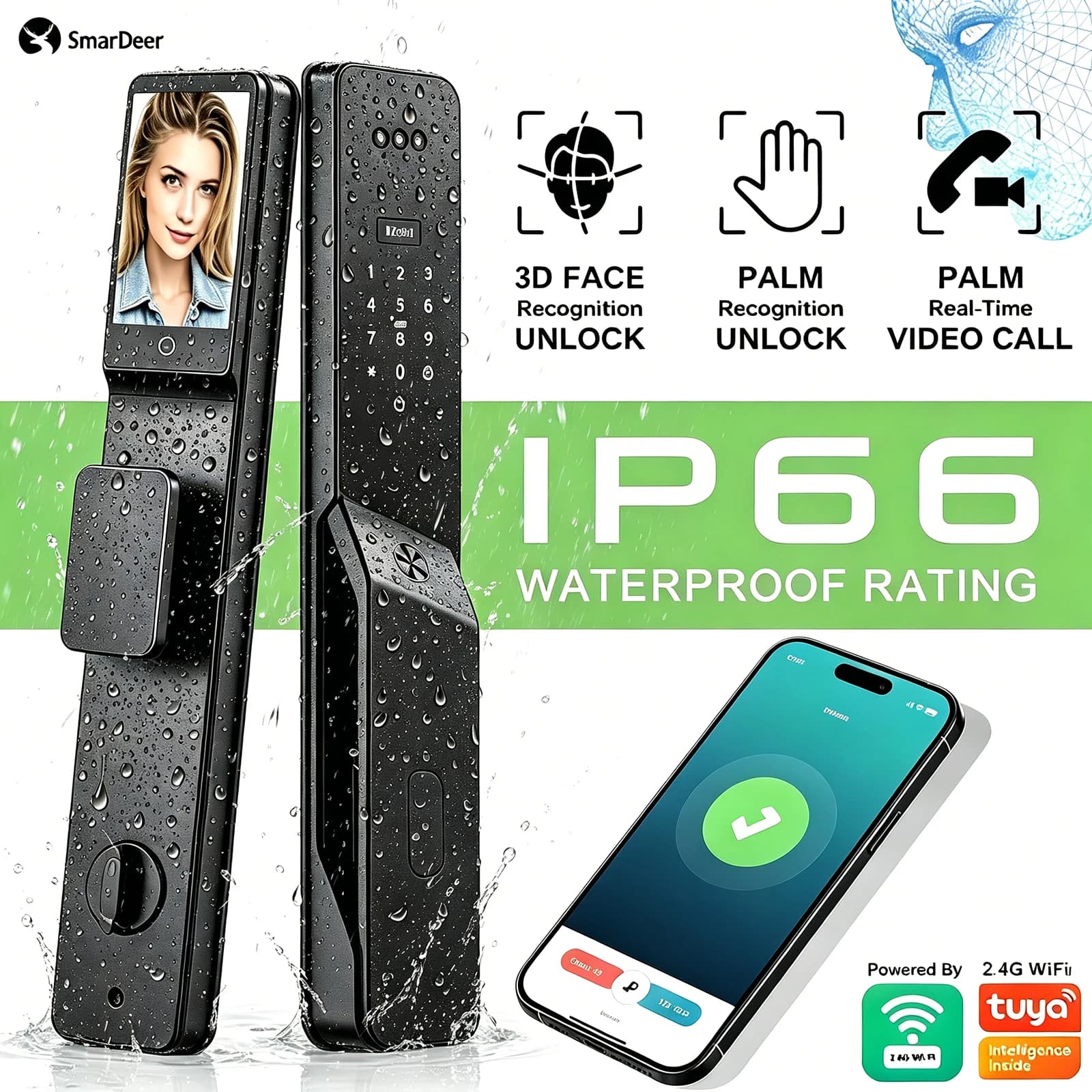 3D Face & Palm Vein Recognition Lock,IP66 Weatherproof Smart Door Lock,Smart Video Anti-theft Security Fingerprint Lock for Home
