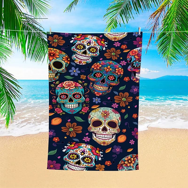 Telo mare colorato con teschio di zucchero, design con protezione solare fantasia e antivento, adatto per piscina, campeggio, coperta da viaggio