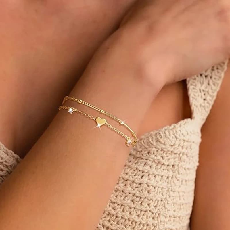 Delicati Braccialetti Placcati Oro 14k con Cuore, Bracciali in Acciaio Inossidabile per Donne, Bracciale a Catena con Zirconi, Gioielli Estivi da Donna
