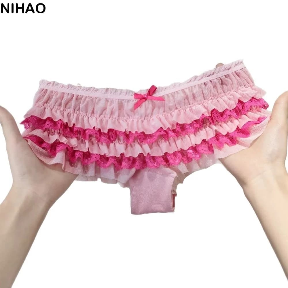 Cute Ruffle Lace Panties Bow Mesh Low Waist Women's Underwear Layered Cake Design Sweet Lace Briefs Girl
