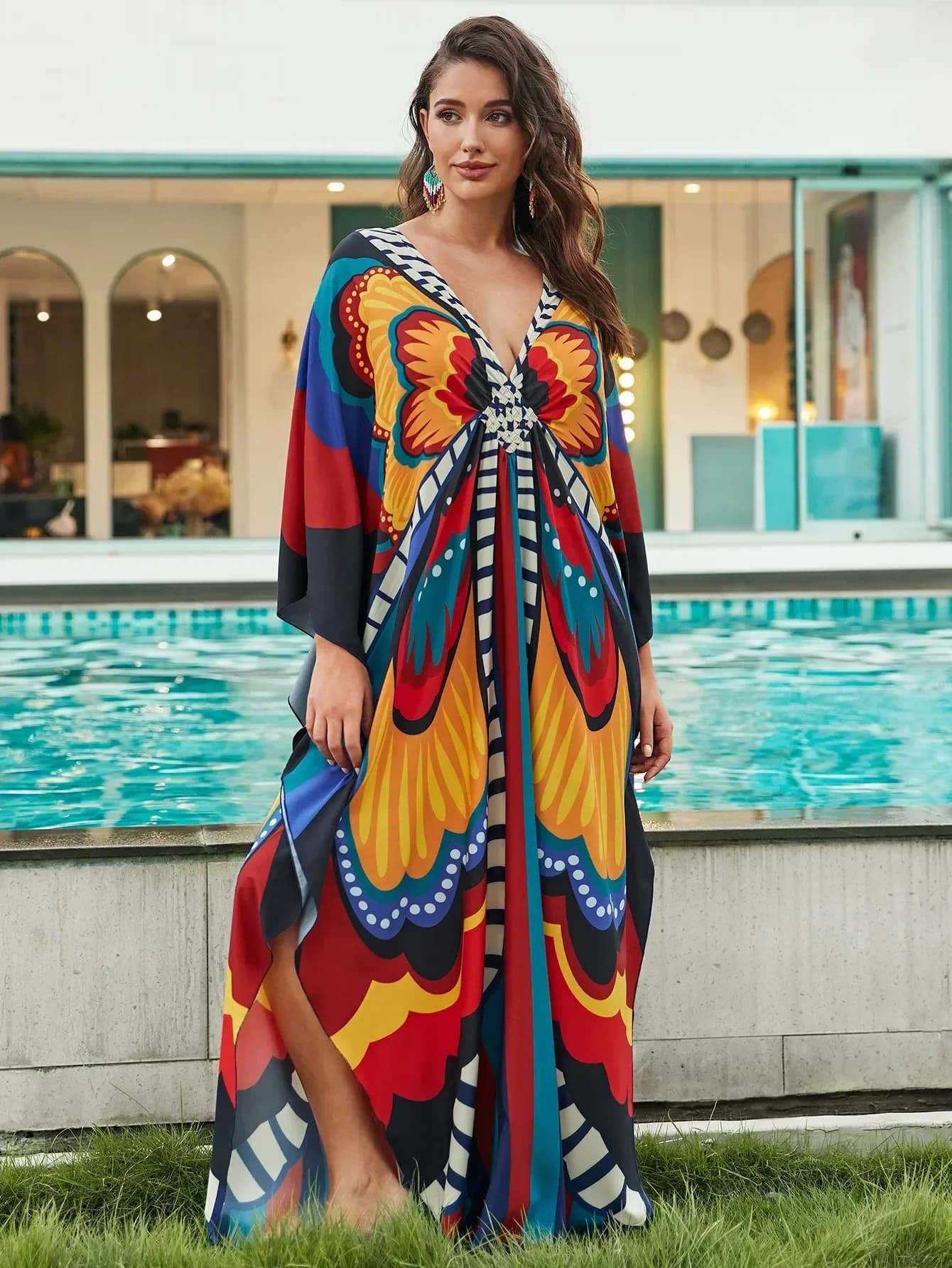 Women's swimsuit in caftano with ethnic print, strong size swimsuit, beach cover