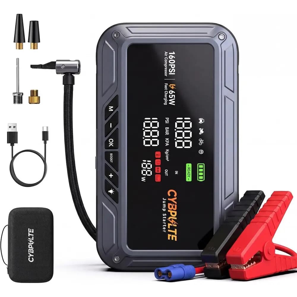 Avviatore di Emergenza Portatile 8000A 160 PSI con Compressore d'Aria, Display LCD, Ricarica USB-C 65W, Kit di Emergenza Tutto-in-Uno