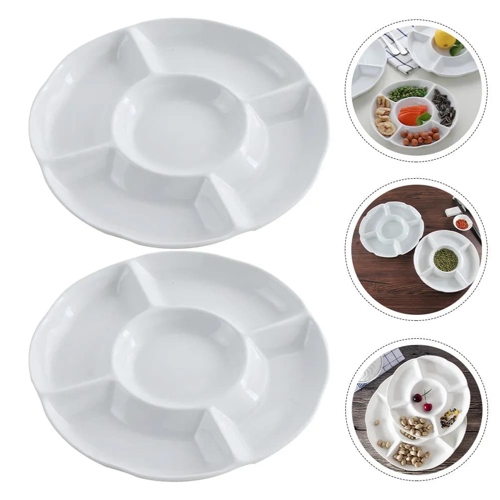 2Pcs Sturdy Melamine Snack Serving Platter White 5-Section Food Dish for Fruits Dried Fruits Desserts Appetizers Indoor Outdoor