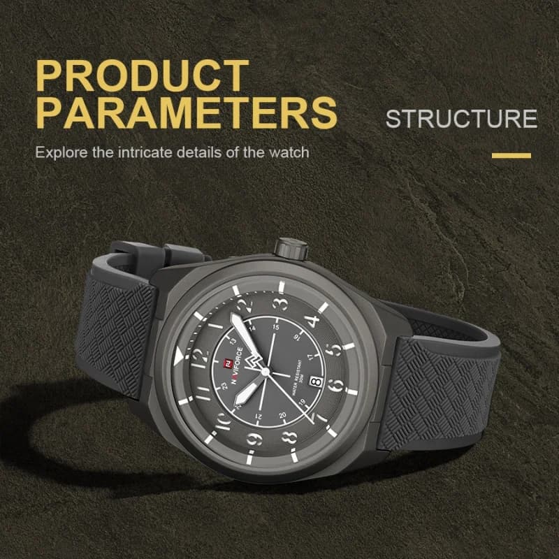 NAVIFORCE Men Quartz Calendar Watch 3ATM Waterproof Silicone Strap Luminous Dial Casual Sports Comfortable Daily Wear Male Watch