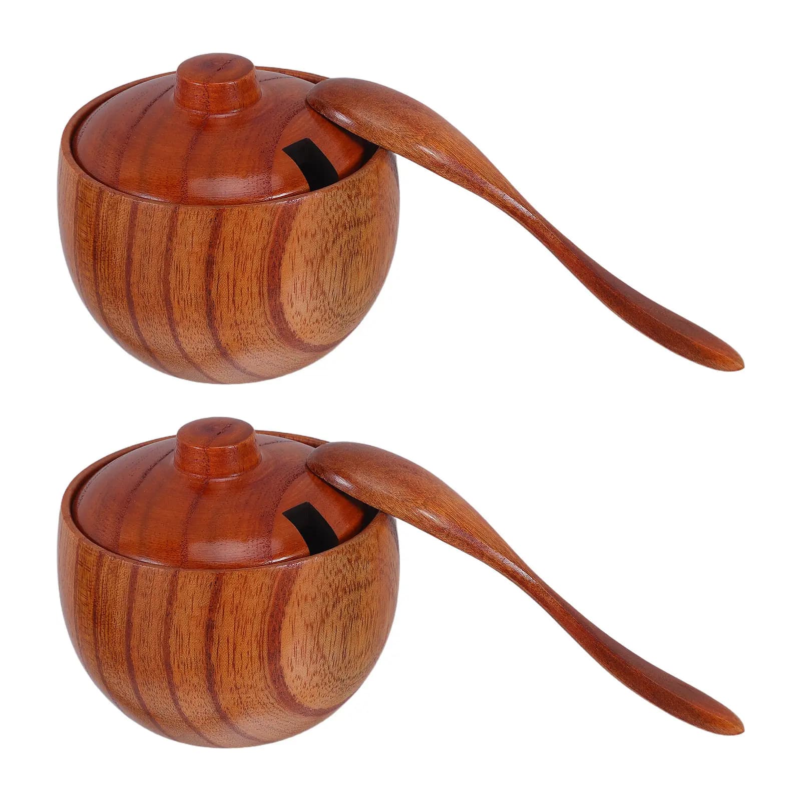 2Set Round Wood Spice Jars with Acacia Wood Lids Spoon Groove Freshness Seal Compact Kitchen Spice Jar Set Decorative Seasoning