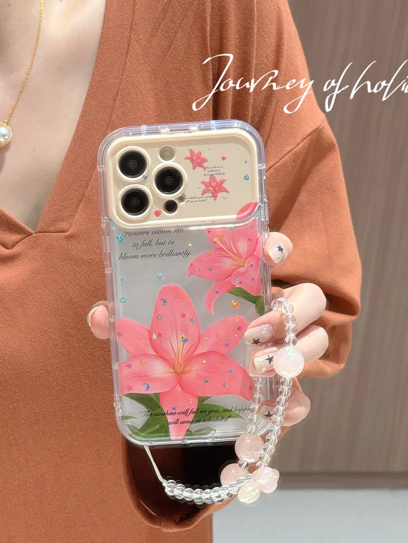Luxury Pink Lily Flower Mirror Phone Case for iPhone17 16 15 14 13 12 Pro Max, Makeup Mirror Lens Cover, Clear Shockproof Prote