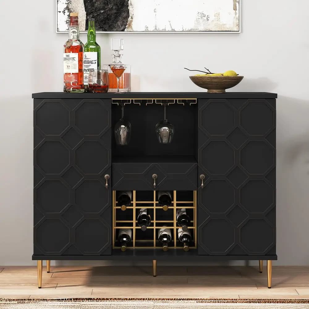 Mobile Bar con Cassetto, Armadietto per Liquori con Portabicchieri e Ripiani, Credenza Geometrica con Ante per Sala da Pranzo, Soggiorno