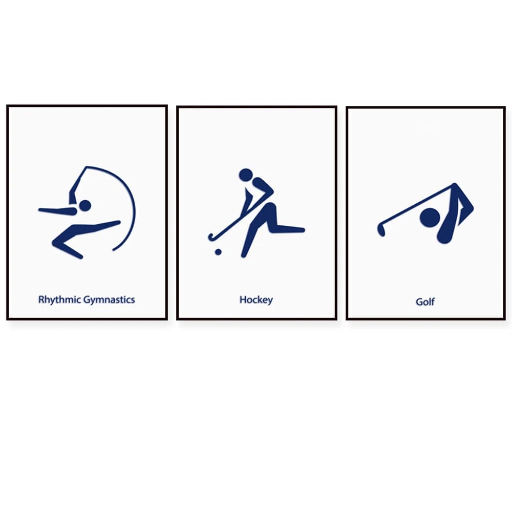 Poster per baseball, golf, scherma, hockey, ginnastica, atletica leggera, softball, pallavolo e arrampicata su roccia.
