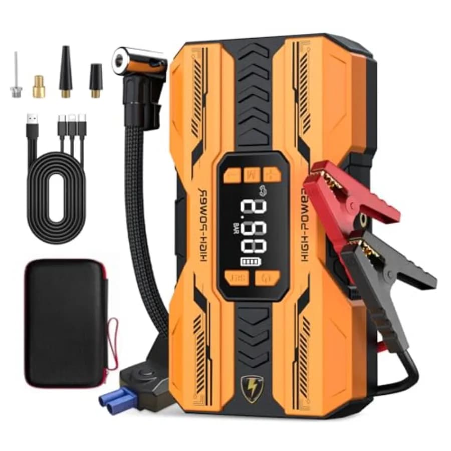 Avviatore di Emergenza con Compressore d'Aria 3000A, Booster Portatile per Batteria Auto fino a 9.0L Benzina/7.0L Diesel con Gonfiatore Pneumatici 150PSI con Spegnimento Automatico