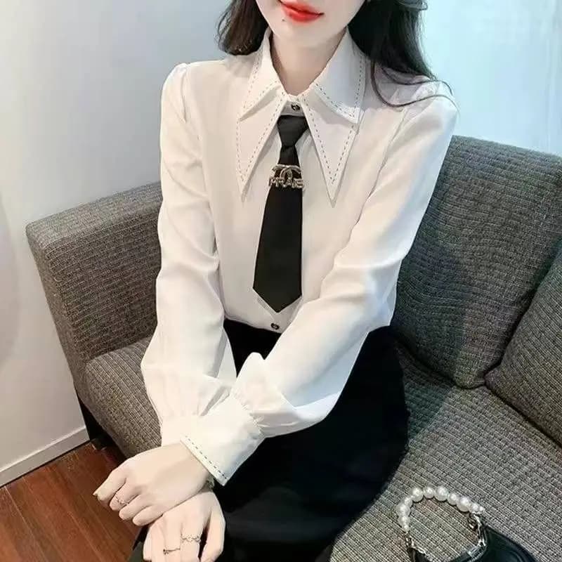 Spring White Women's Shirt Fashionable Design High-End Top Ladies' Blouse Cleanfit Style Lantern Sleeve Three-acetate Fiber