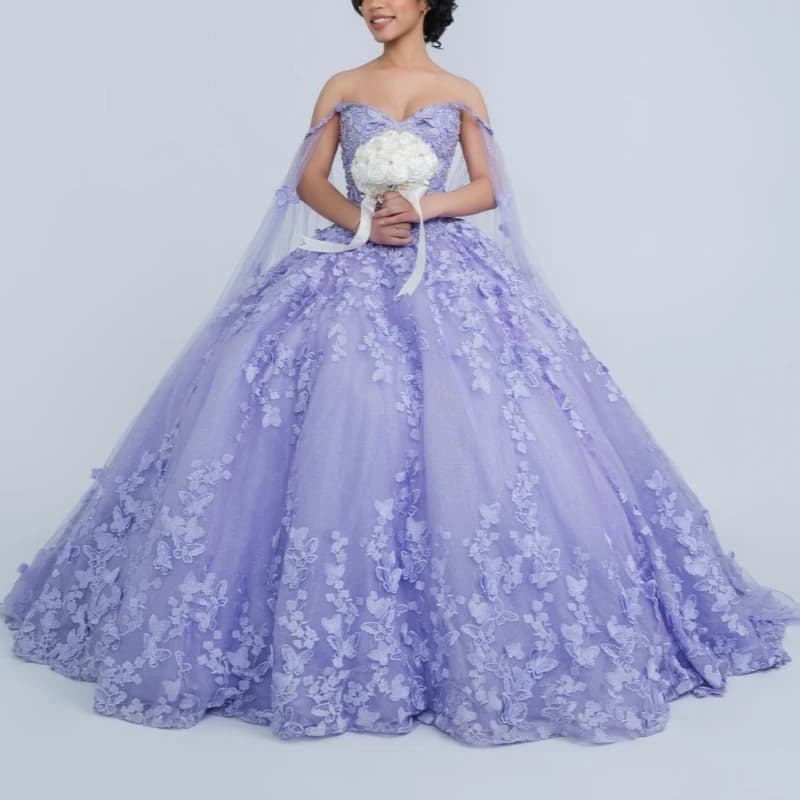 Abiti Quinceanera lucidi color lavanda con spalle scoperte Fiocco in pizzo con perline Tull di cristallo Festa di compleanno Abito dolce 16 Abiti 15 De