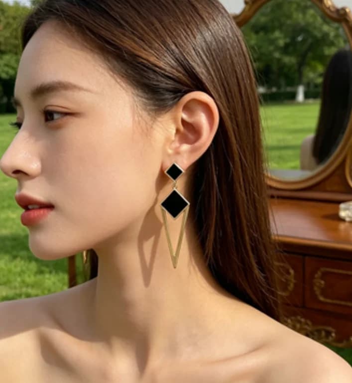 Double Layer Matte Black Enamel Rhombus Long Stud Earrings, 14K Gold Plated Hollow V Frame Vertical Face-Slimming Minimal Cool Daily Studs