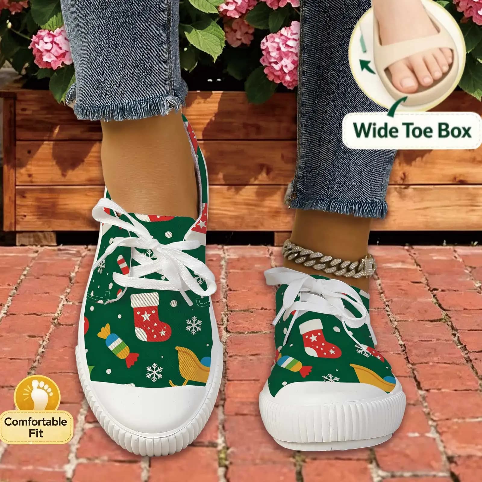 Women Christmas Print Casual Sneakers Wide Toe Comfort Shoes For Daily Commute & Outdoor Walking