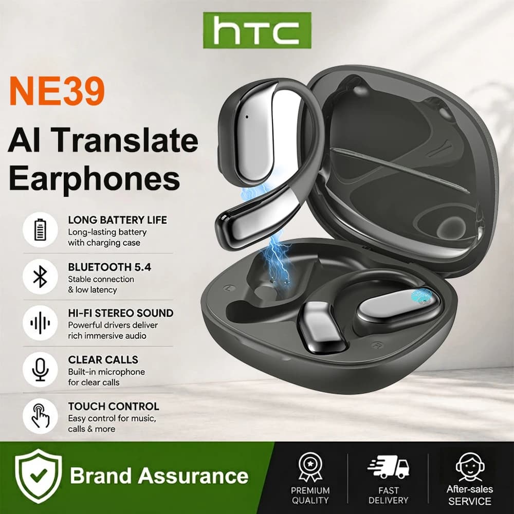 Upgrade HTC NE39 Open Ear AI Translator Headphones Real Time Languages Two Way Translation Wireless Bluetooth Earphones Travel