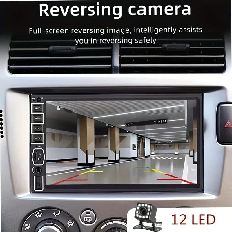 Lettore MP5 per auto HD da 7 pollici con radio stereo per auto da 2 Din, touch screen HD, telecamera di backup a 12 LED, USB, scheda SD, radio FM, doppio Din