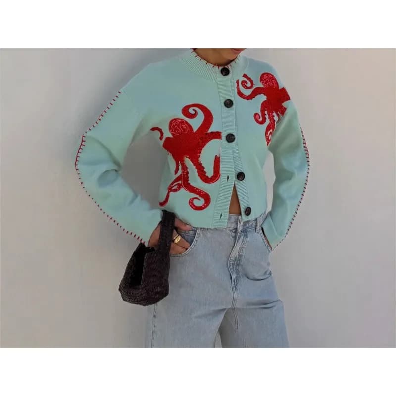 Maglioni Morbidi con Stampa Polpo per Donna, Eleganti Giacche a Collo Tondo a Maniche Lunghe, Top Casual Autunno Inverno, Cappotto Lavorato a Maglia Stile High Street
