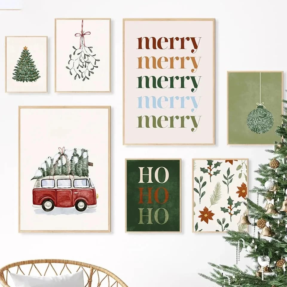 Poster Decorativo con Palline per Albero di Natale, Stampa su Tela con Foglie di Agrifoglio Invernali, Fiocchi di Neve, Quadro Decorativo per Casa e Stanza