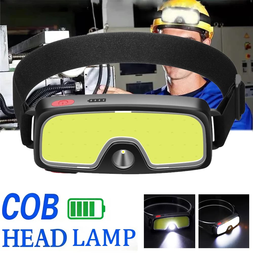 Powerful rechargeable COB front lamp via USB/Type-C with integrated battery, waterproof torch for fishing, camping and outdoor activities.