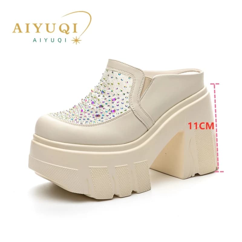 Ciabatte da donna AIYUQI 2026 Nuove in vera pelle estive con strass, tacco alto 11 cm, punta chiusa