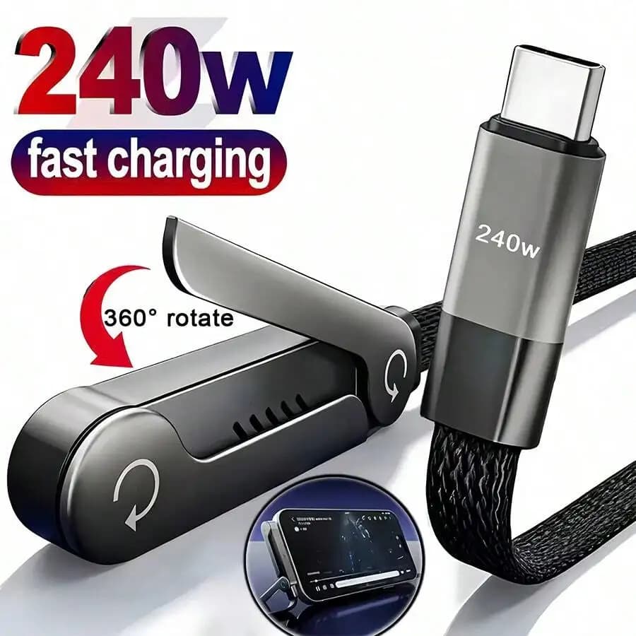 Tangle-Free Mini Foldable Phone Stand with 240W Fast Charging Dual Type-C Braided Cable for S23 S22 S21 P60 K60 Android Devices