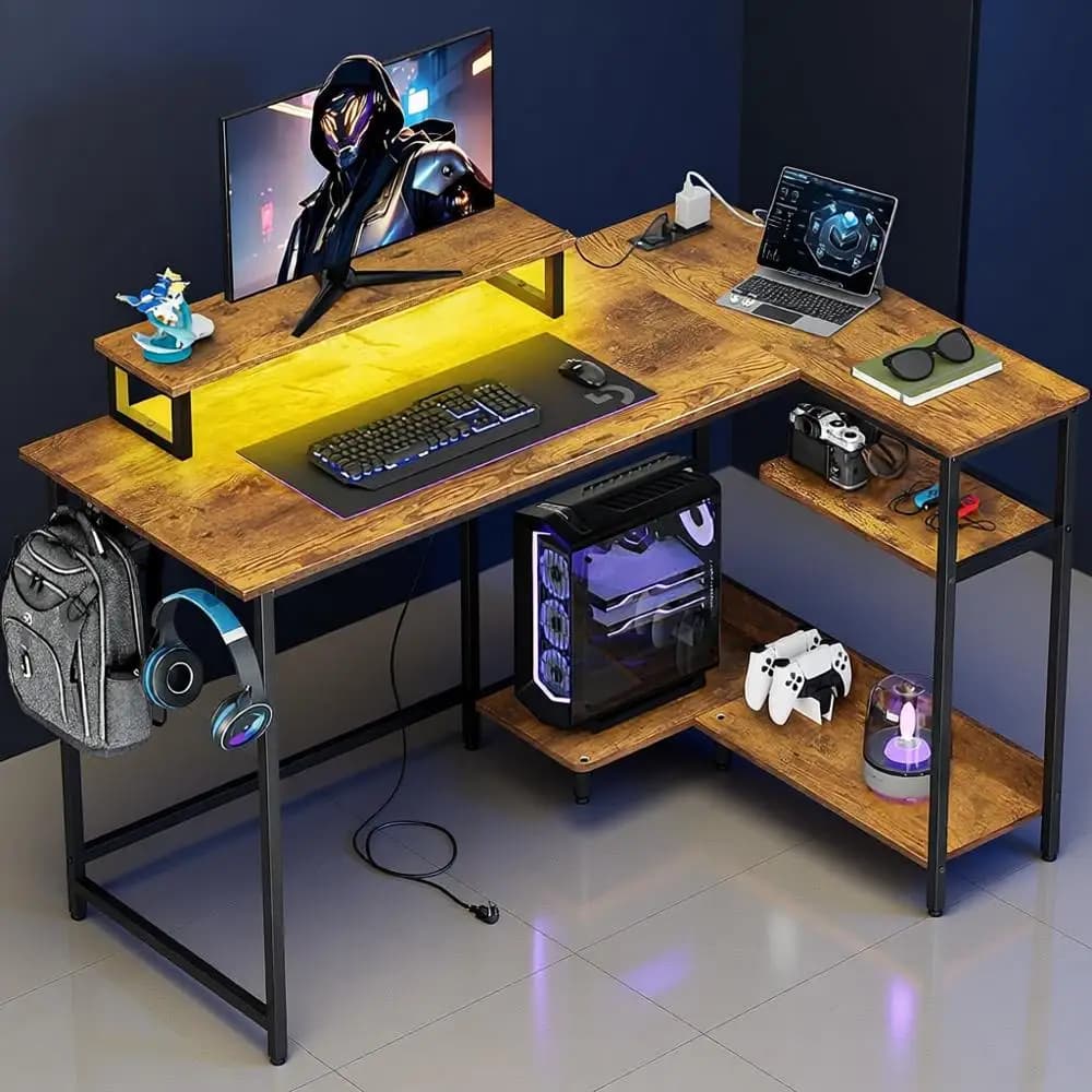 Scrivania da gioco rustica marrone 47 a forma di L con LED e prese di corrente, scrivania angolare compatta per ufficio domestico con contenitore
