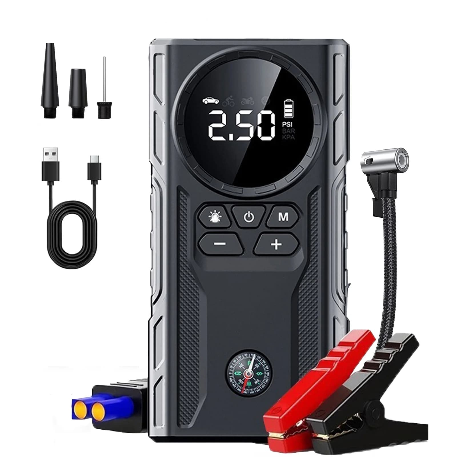 Avviatore di emergenza con compressore d'aria, avviamento a ponticello a batteria 4000 A 150 PSI portatile (9,0 gas/8,0 L Diesel)