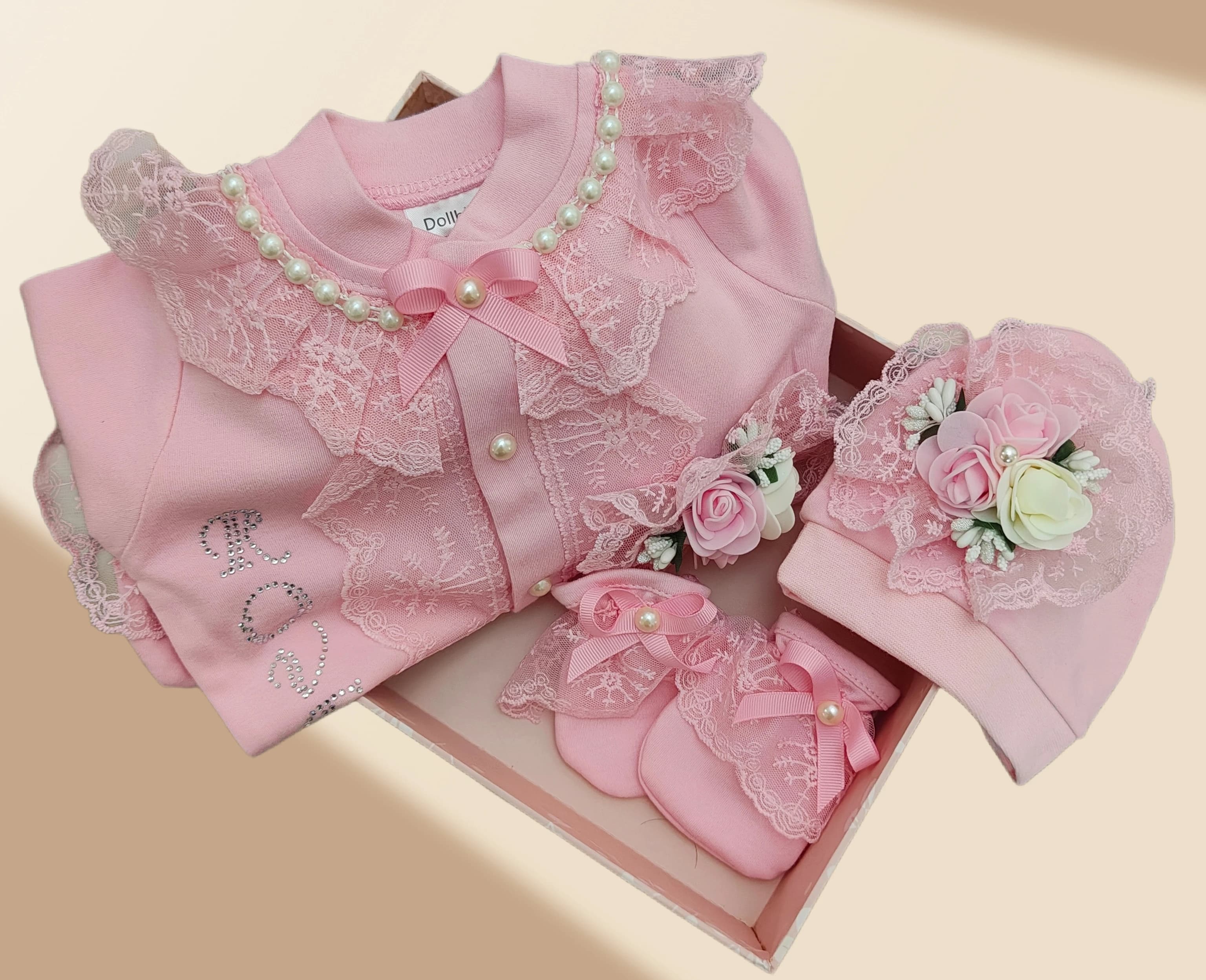 2026 Spring Newborn Baby Girl 3Pcs Set Pink Cotton Lace Romper With Hat Shoes Princess Outfit For Birthday Christening Gift