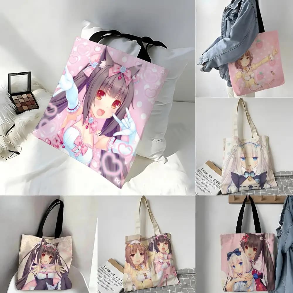 Borse portaoggetti Borsa a tracolla portatile casual Borsa da shopping leggera Borsa in lino riutilizzabile Anime Game N-Nekopara Chocola e Vanilla
