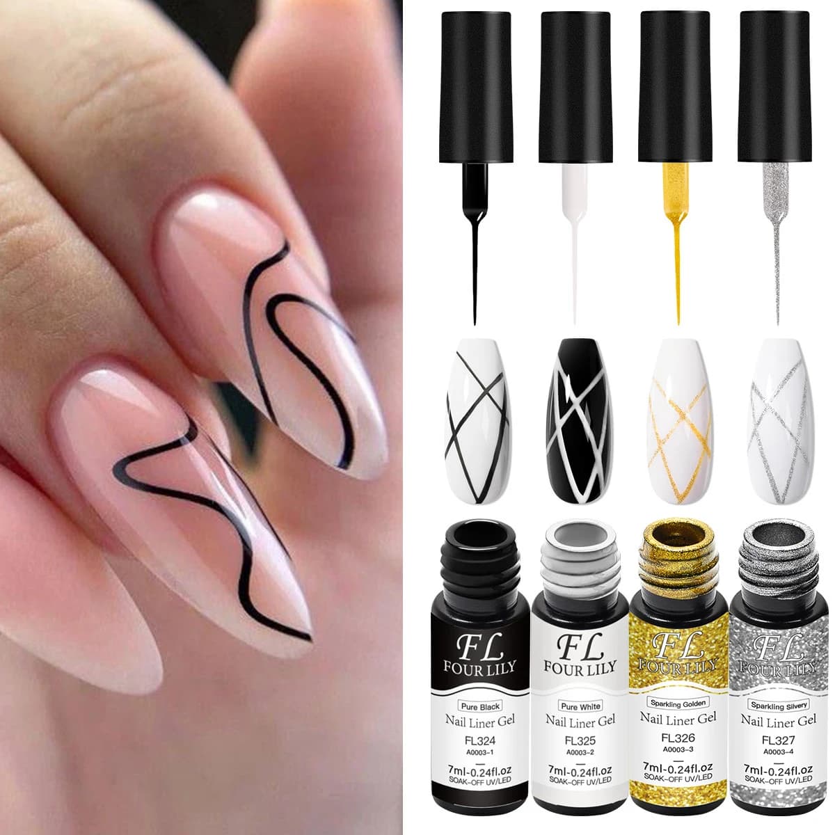 Smalto Gel 2-in-1 da 7ml per Unghie, Gel Pittura Oro Argento Bianco Nero con Pennello Ultra-Fine per Linee Francesi, Strisce e Graffiti Nail Art