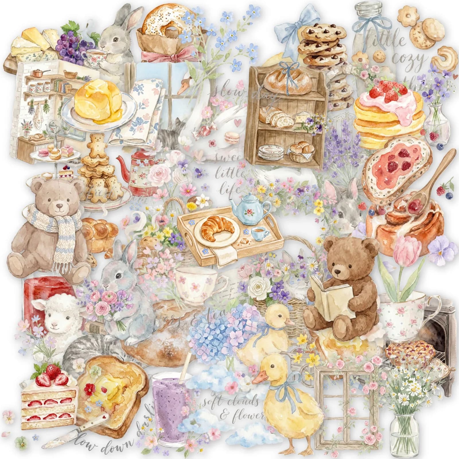 50-Pack French Country Watercolor Animal Stickers Floral Rabbit Waterproof PET Guitar Notebook Stationery Decals