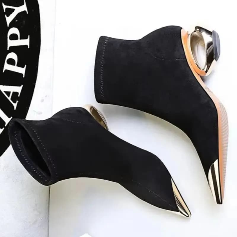 BIGTREE Shoes Metal Pointed Tip Women Boots Hollow Out Heels Women Ankle Boots Female Suede Short Boots Mid Heel Shoes Fashion