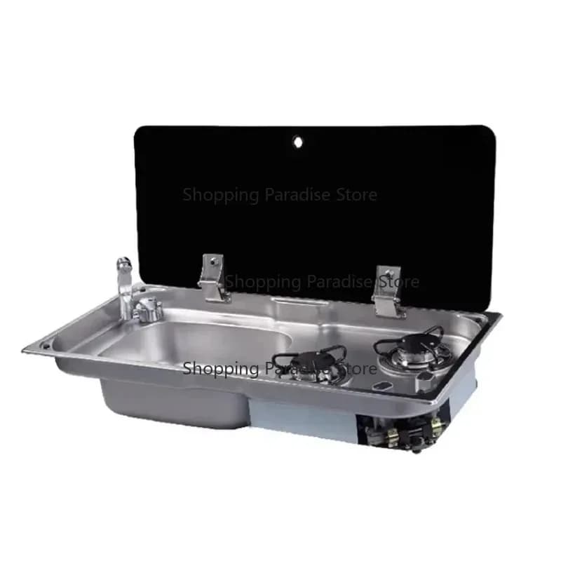 Gas cooker for Camper with 2 Integrated burners, Camping cooking with sink and cover