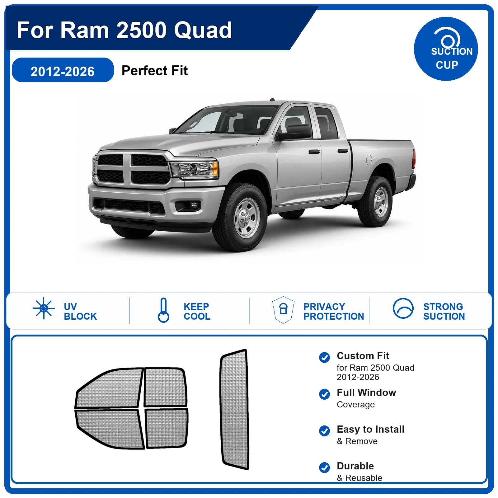 For Ram 2500 Quad 2012-2026 Custom Full Set Windshield Sun Shade Aluminum Foil Heat Insulation Anti UV Foldable