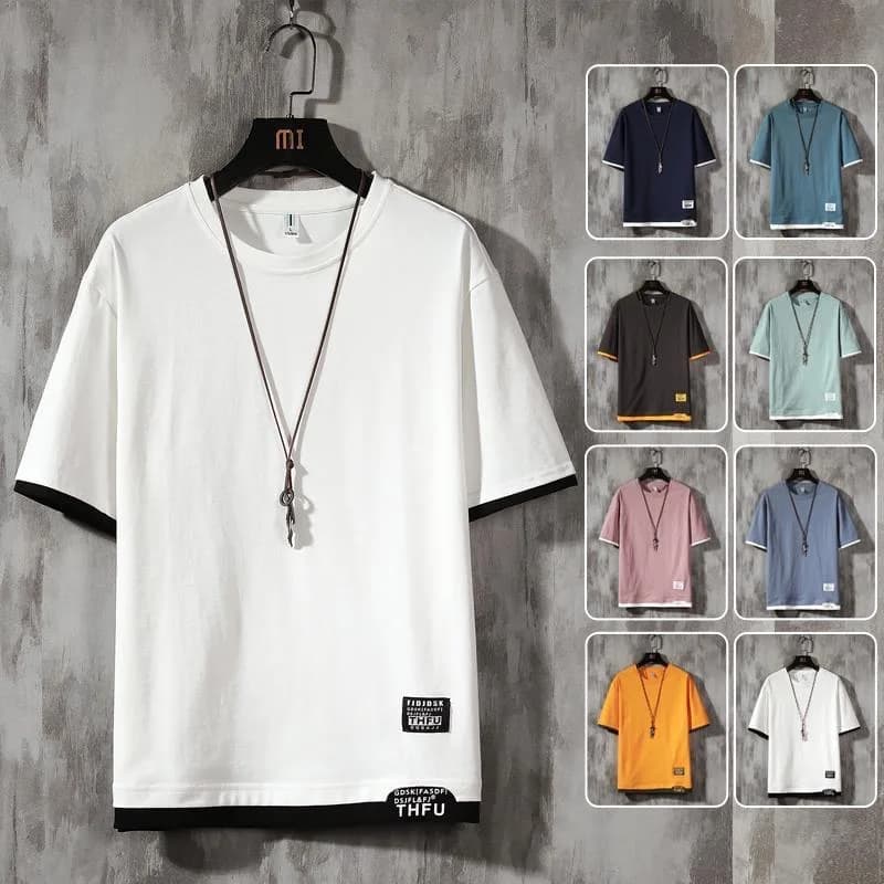 Men's Short Sleeve T-Shirt Summer Trendy Brand Loose Fit Splice Pure Cotton round Neck Printed Ice Silk Cool Feeling Casual Top