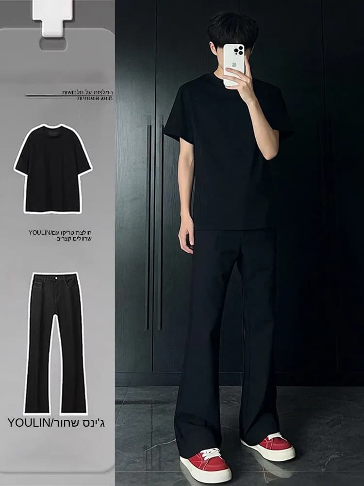 Completo Estivo da Uomo Cleanfit Nero Avanzato ed Elegante: T-Shirt a Maniche Corte e Jeans Slim Fit alla Moda per Adolescenti
