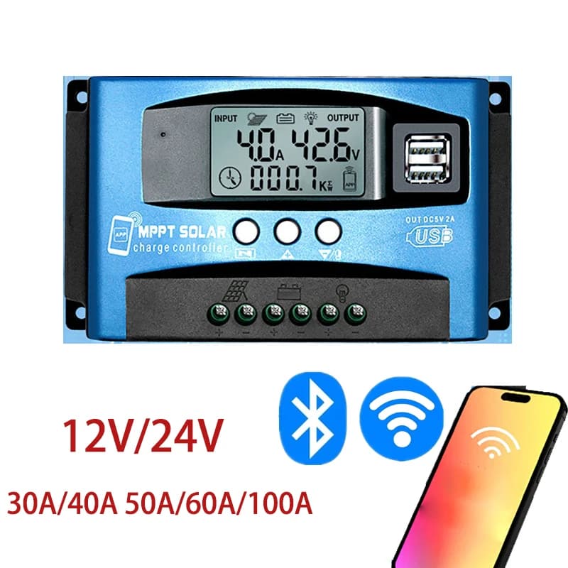 Regolatore di carica solare MPPT WiFi bluetooth 12V 24V con display LCD Doppio USB per batteria al litio piombo-acido 100A 60A 40A 30A