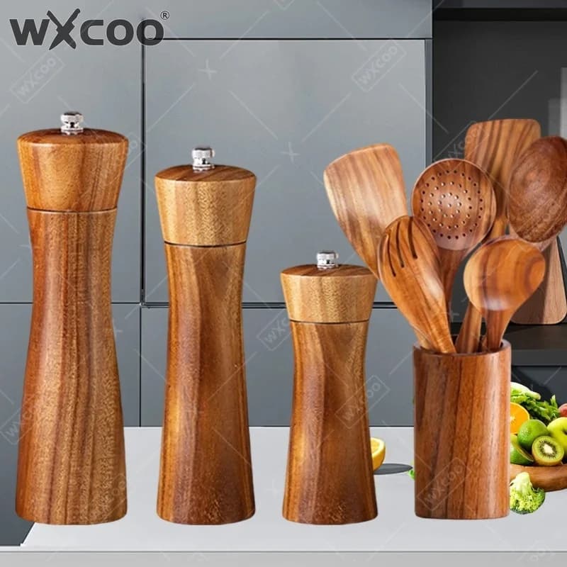 WXCOO Macinino Professionale per Sale con Rotore in Ceramica Regolabile, Set con Spatola, Macinino in Legno per Sale e Pepe