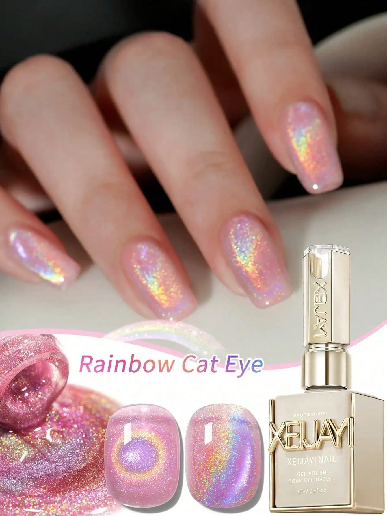 XEIJAYI 1Pc 15Ml Arcobaleno Occhio di Gatto Smalto per unghie Soak Off UV LED Gel Vernice Nail Art per le donne FAI DA TE-Non bastone magnetico incluso