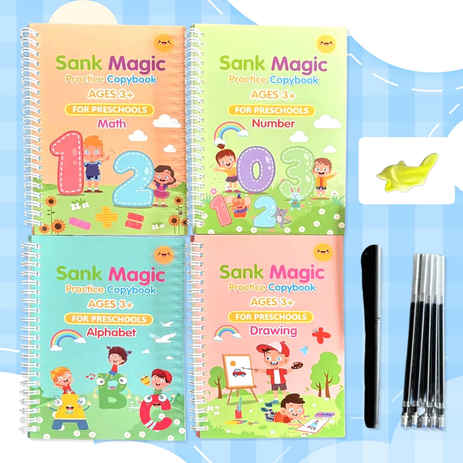 Reusable Magic Practice Copybook Set 4 Themes Alphabet Number Math Drawing With Pen Refill Groove Calligraphy Tracing Workbook