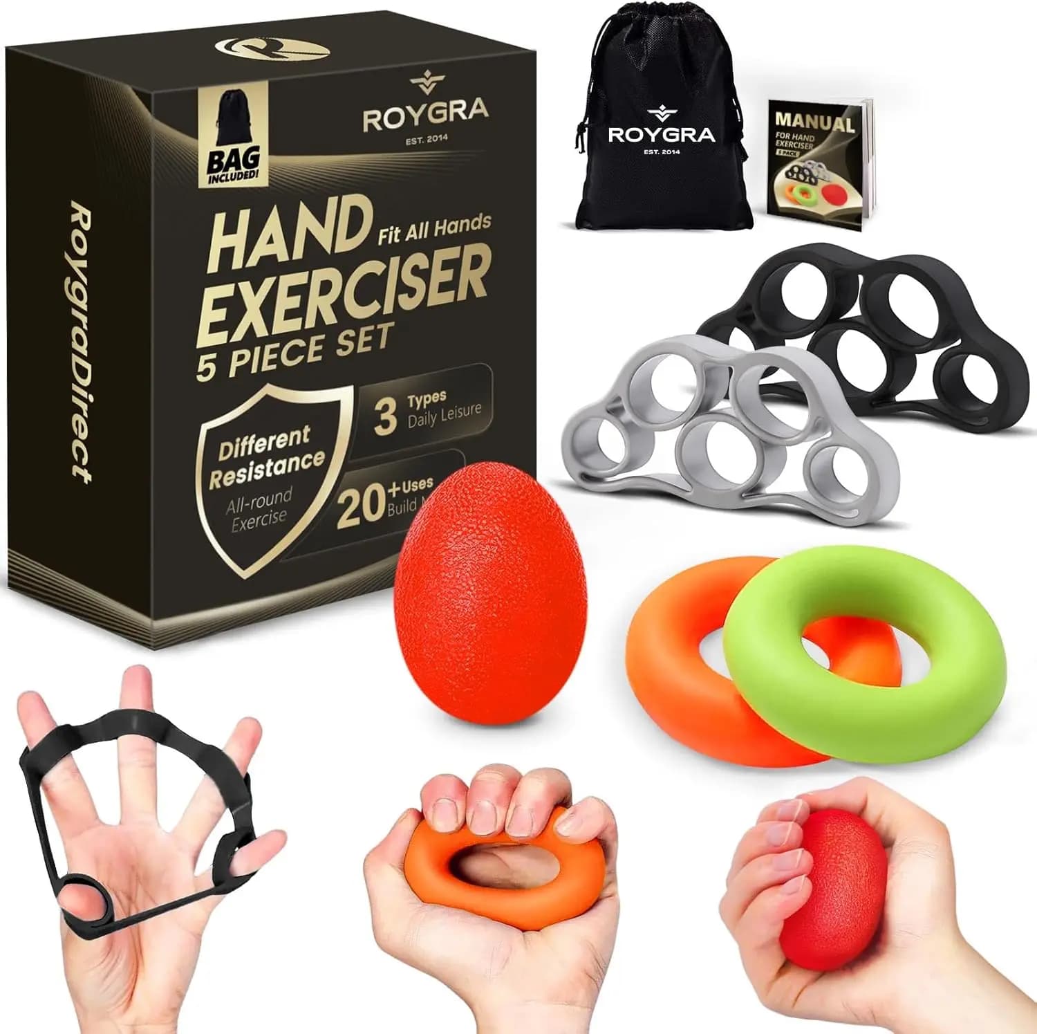 Grip Strength Trainer 5-Pack: Forearm Exerciser, Stress Balls, Hand Strengthening Devices for Therapy, Golf, Baseball, Climbing